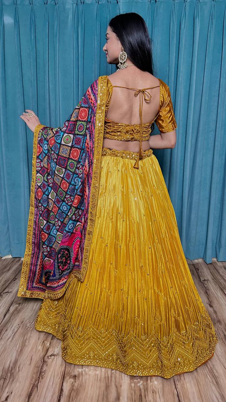 Mustard Cultural Elegant Chinon Silk Lehenga Set