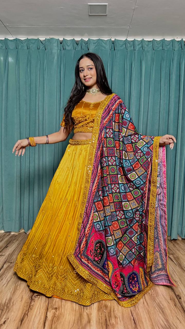 Mustard Cultural Elegant Chinon Silk Lehenga Set
