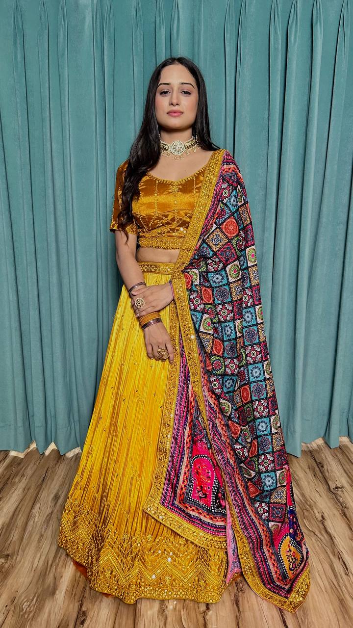 Mustard Cultural Elegant Chinon Silk Lehenga Set