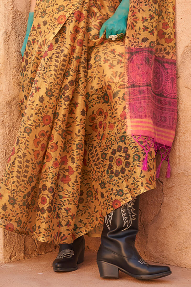 Mustard Elegant Banarasi Tissue Saree with Unstitched Blouse Piece