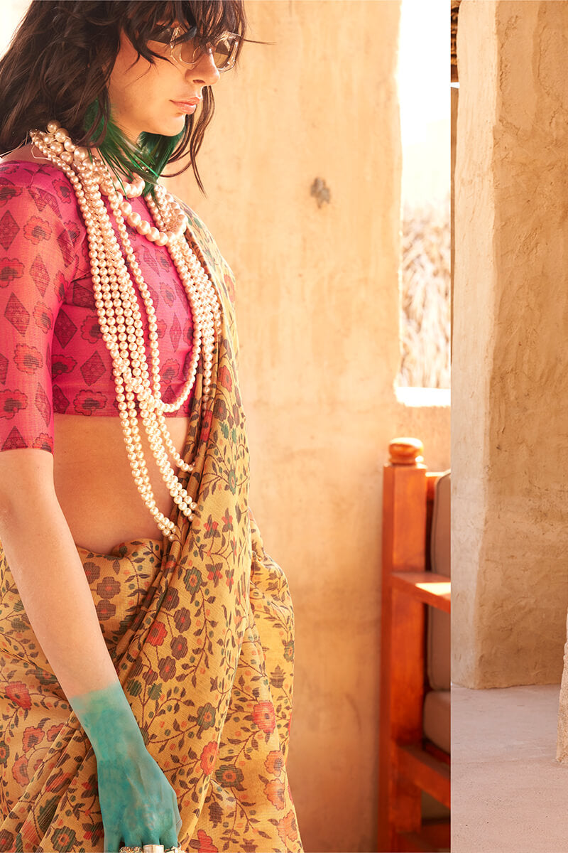 Mustard Elegant Banarasi Tissue Saree with Unstitched Blouse Piece