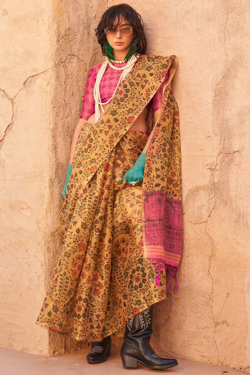 Mustard Elegant Banarasi Tissue Saree with Unstitched Blouse Piece