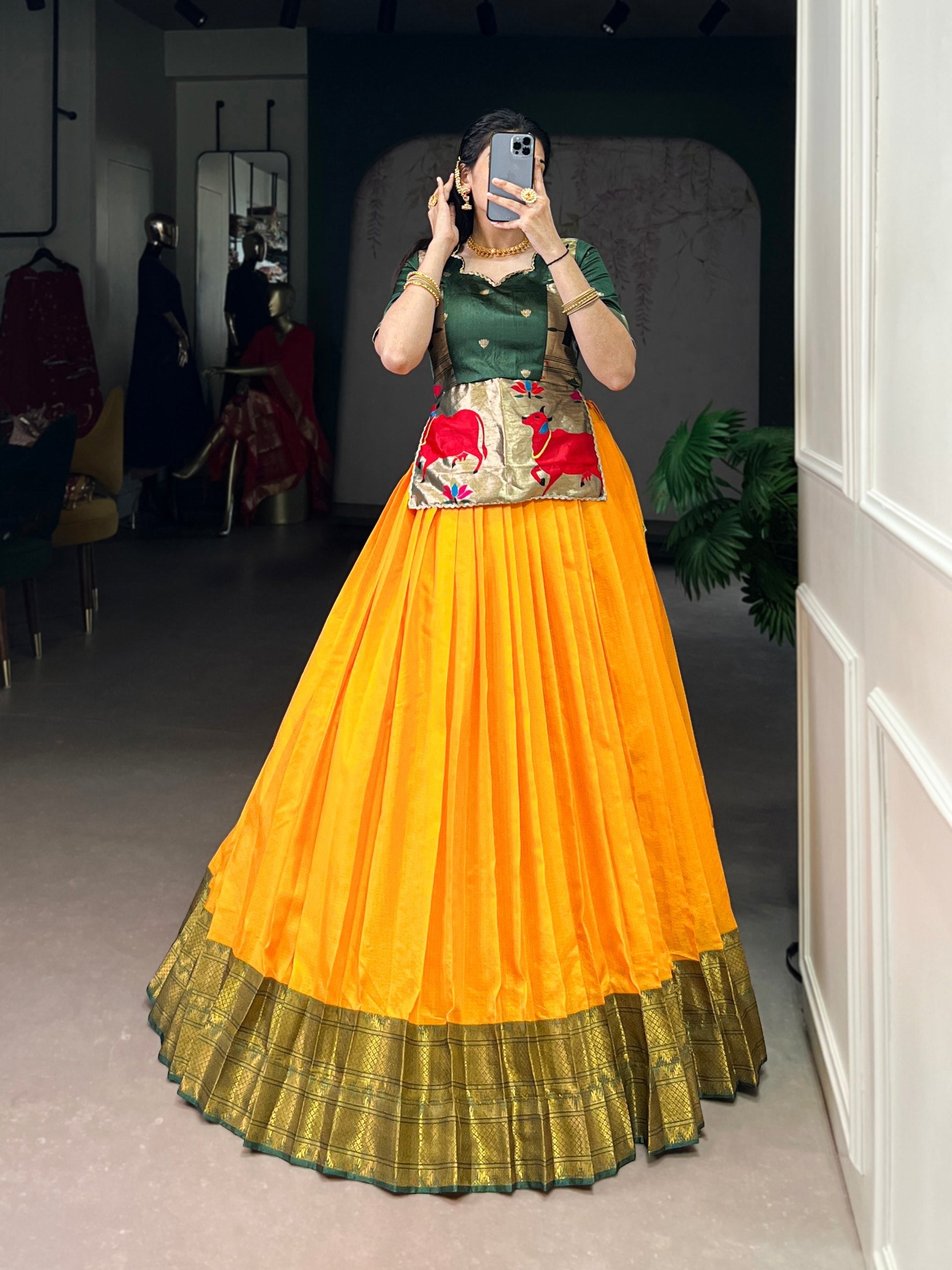 Mustard Elegant Cotton Silk Zari Weaving Lehenga Choli Set with Jacquard Silk Blouse & Lace Touch – Stitched Ensemble