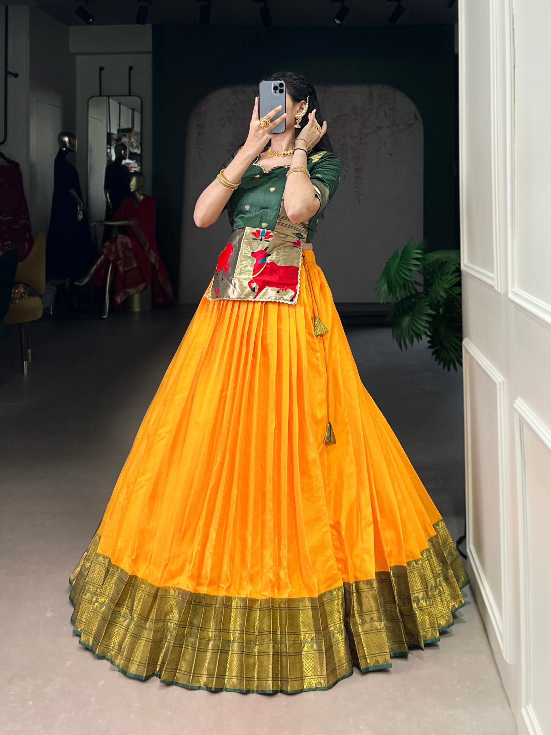 Mustard Elegant Cotton Silk Zari Weaving Lehenga Choli Set with Jacquard Silk Blouse & Lace Touch – Stitched Ensemble