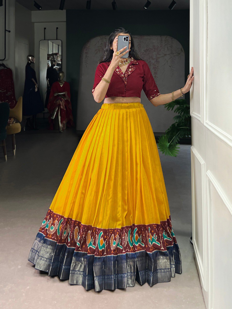 Mustard Elegant Poly Cotton Printed Zari Weaving Lehenga with Handworked Pure Cotton Blouse – Stitched Traditional Ensemble