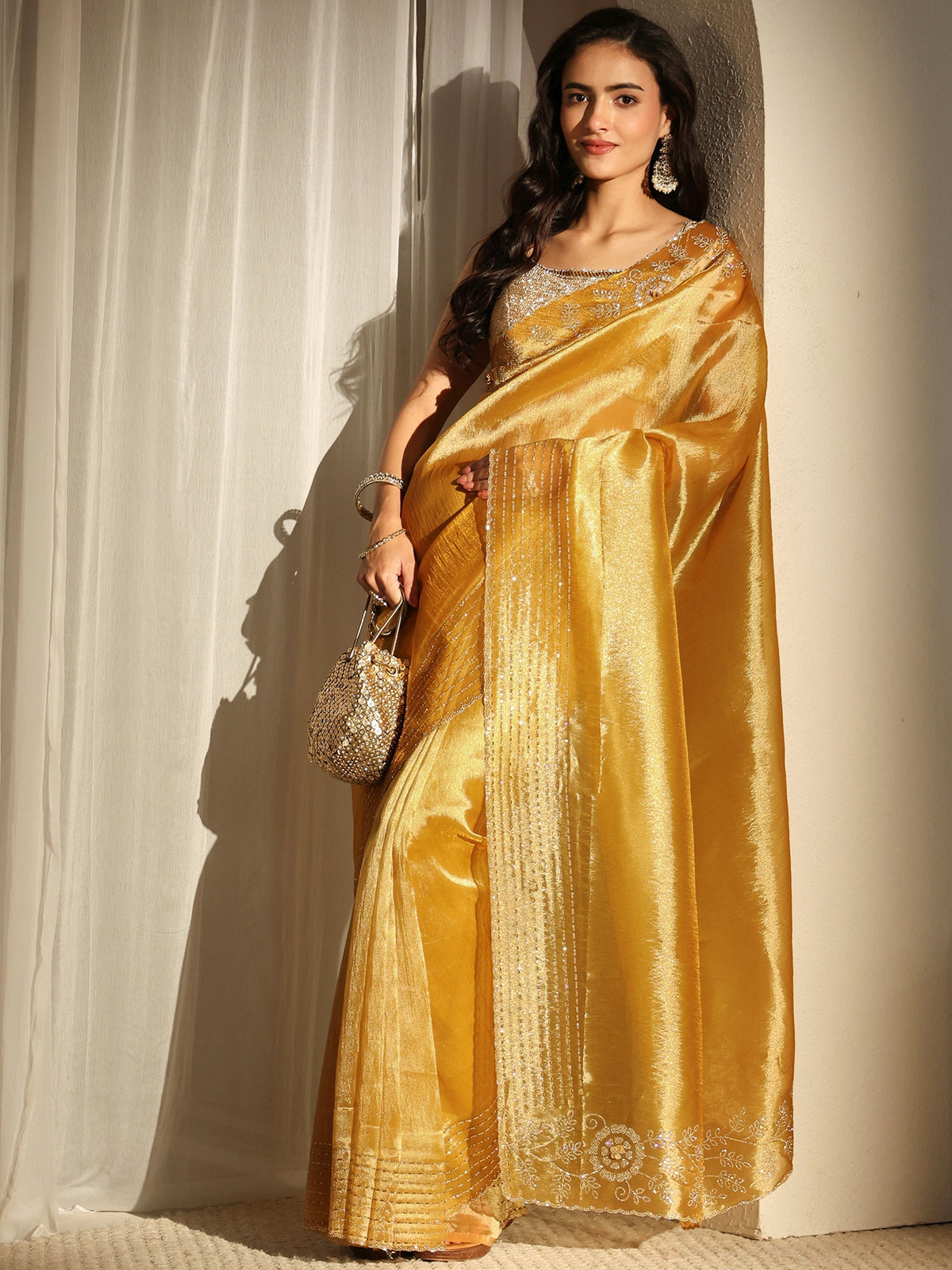 Anouk Mustard Embellished Border Chiffon Saree With Unstitched Blouse Piece