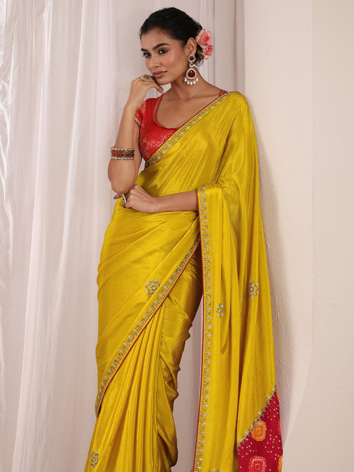 Anouk Mustard Embellished Chinon Saree With Unstitched Blouse Piece