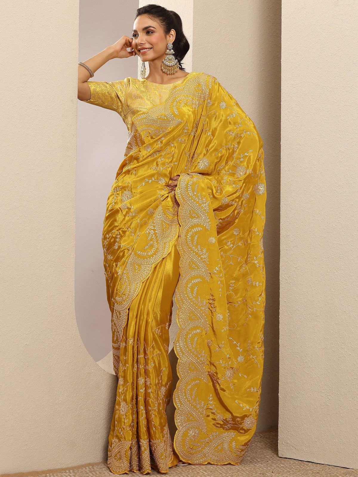 Anouk Mustard Embroidered Silk Blend Saree With Unstitched Blouse Piece