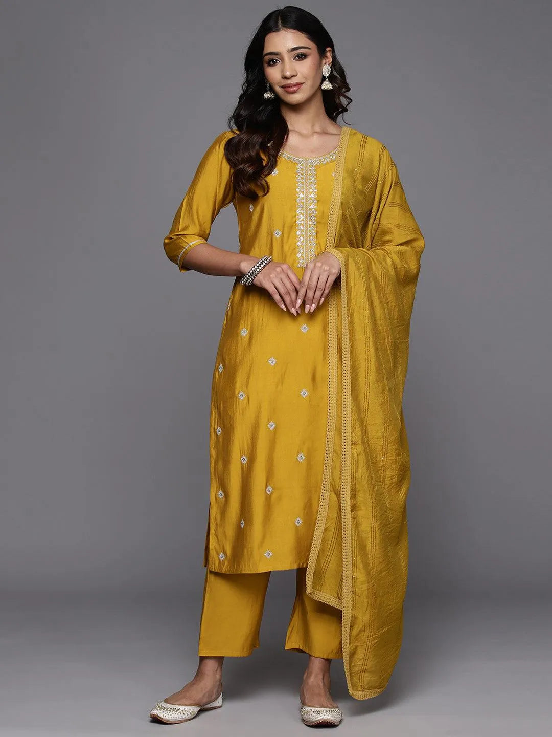 Anouk Mustard Embroidered Silk Blend Straight Suit With Dupatta