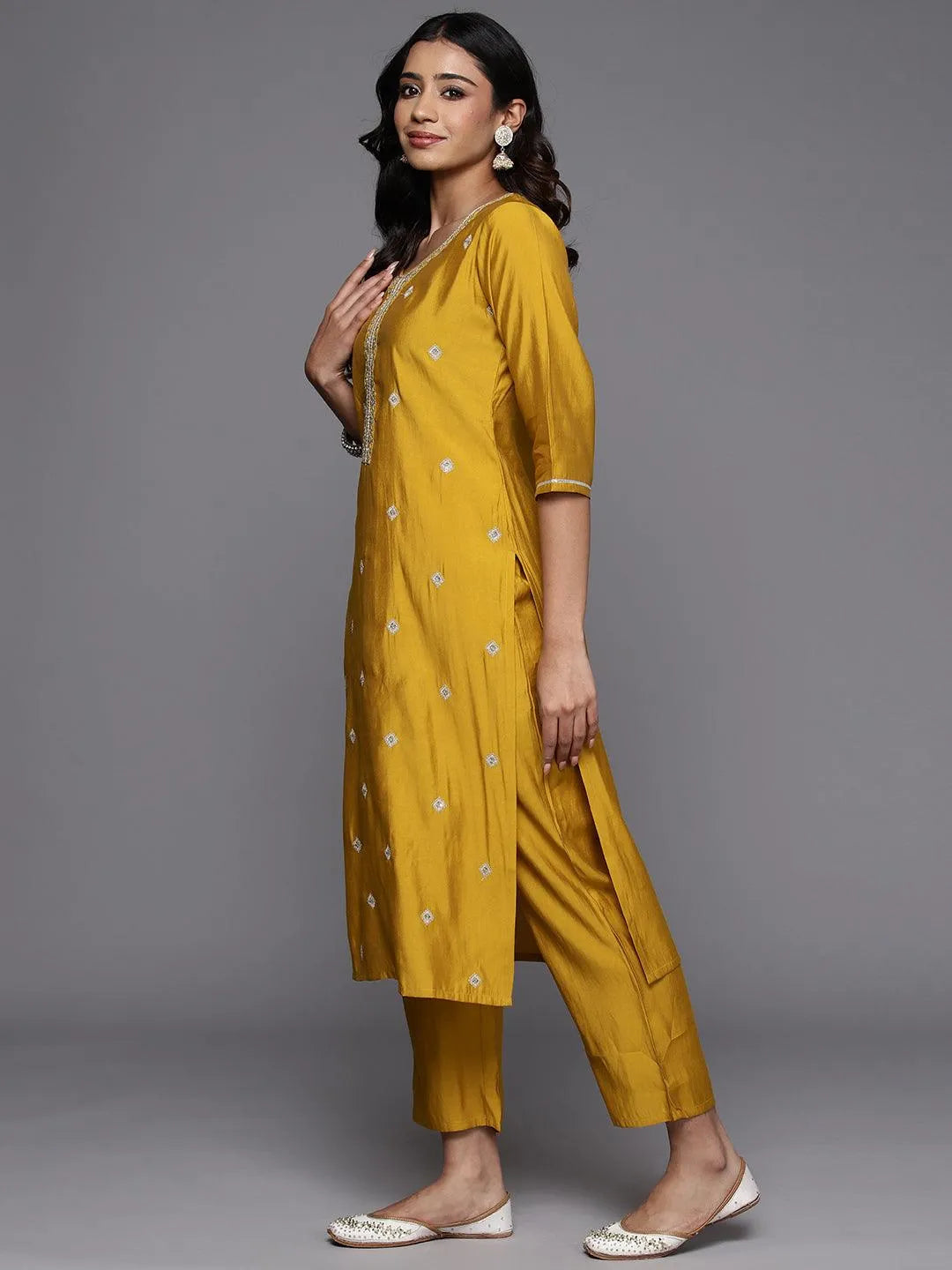 Anouk Mustard Embroidered Silk Blend Straight Suit With Dupatta
