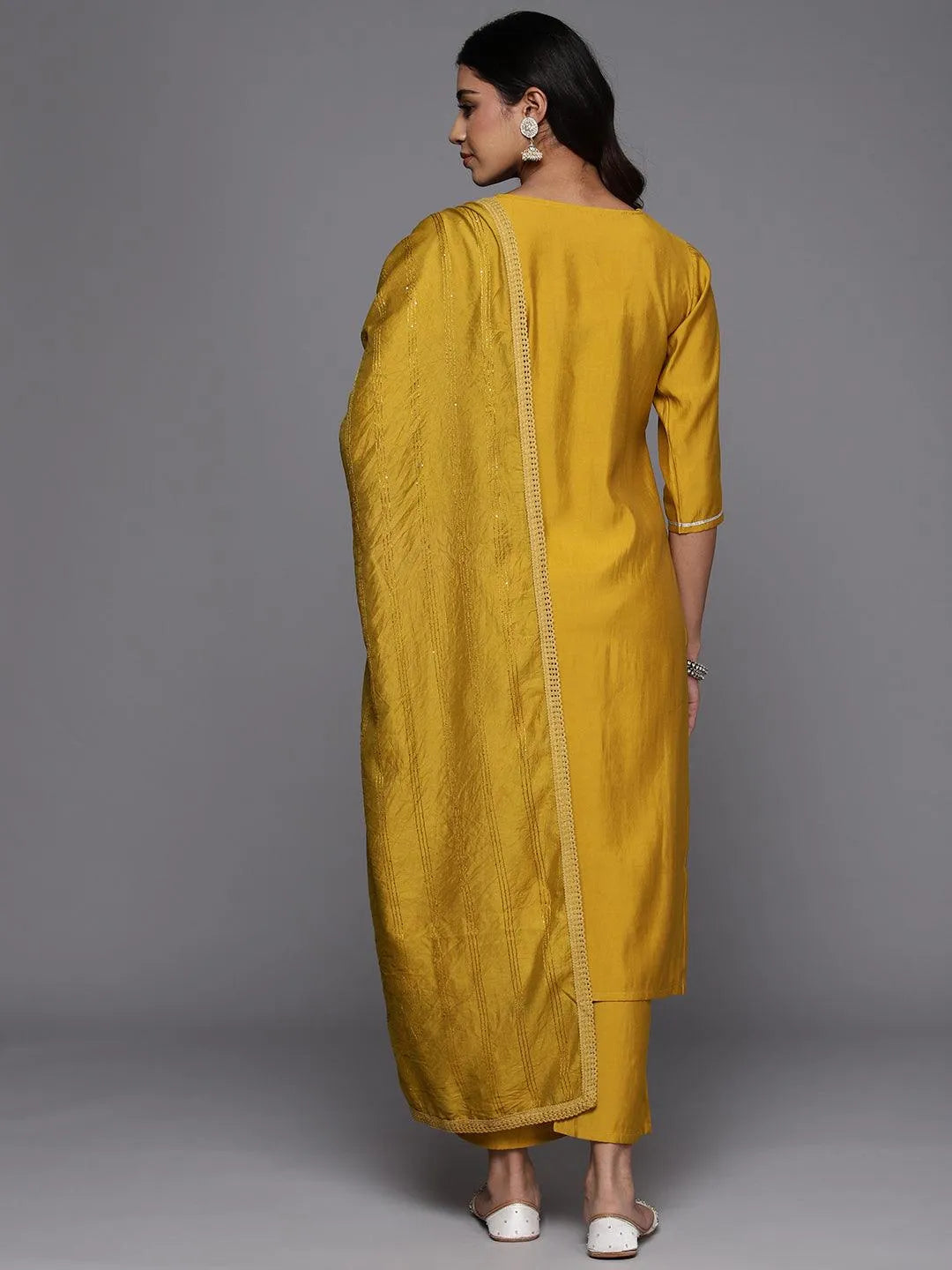 Anouk Mustard Embroidered Silk Blend Straight Suit With Dupatta