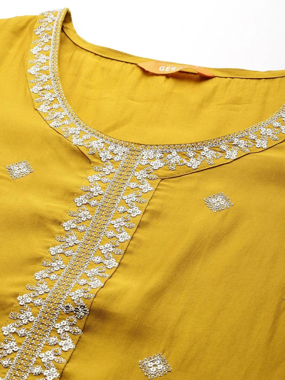 Anouk Mustard Embroidered Silk Blend Straight Suit With Dupatta