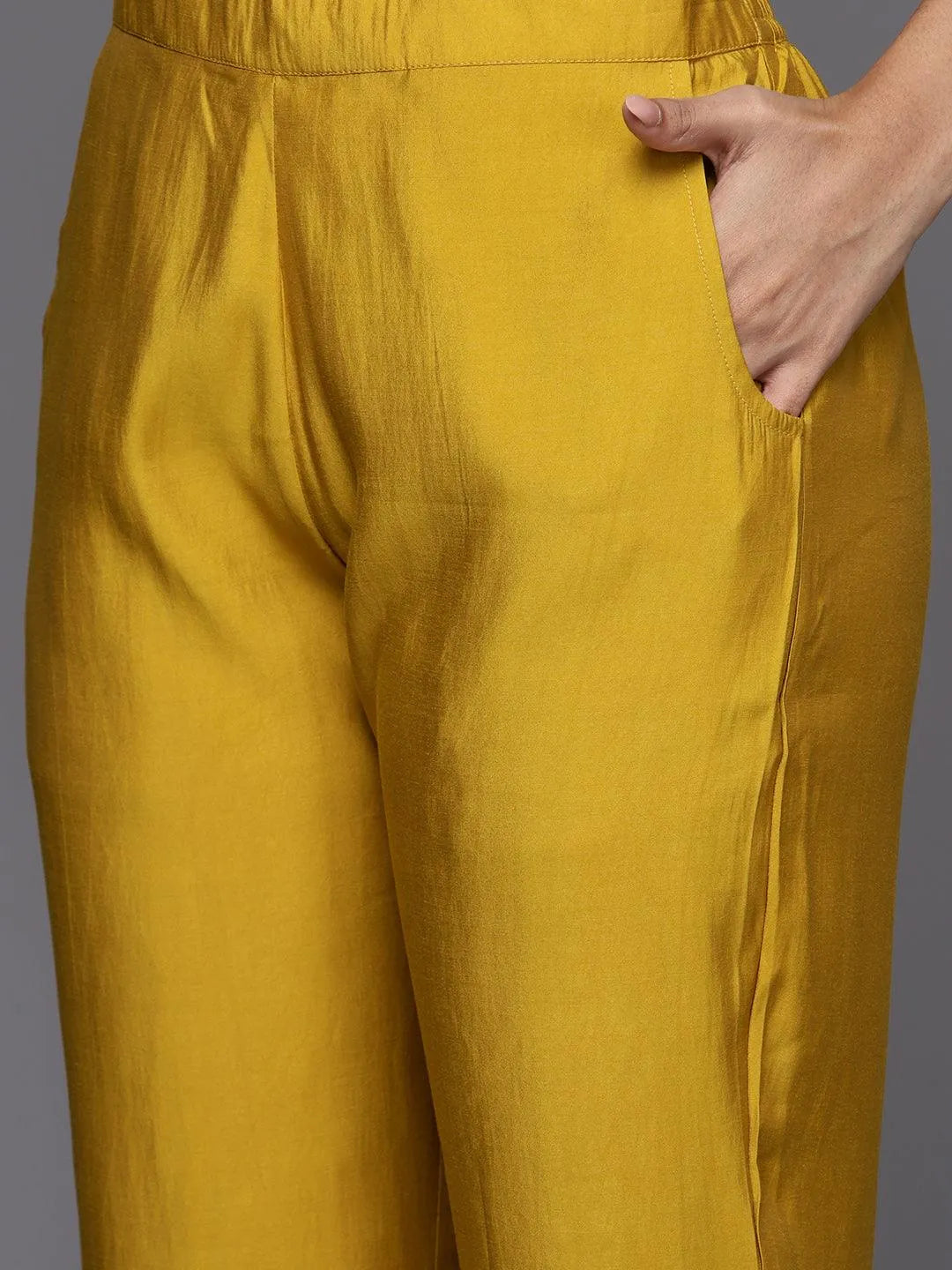 Anouk Mustard Embroidered Silk Blend Straight Suit With Dupatta