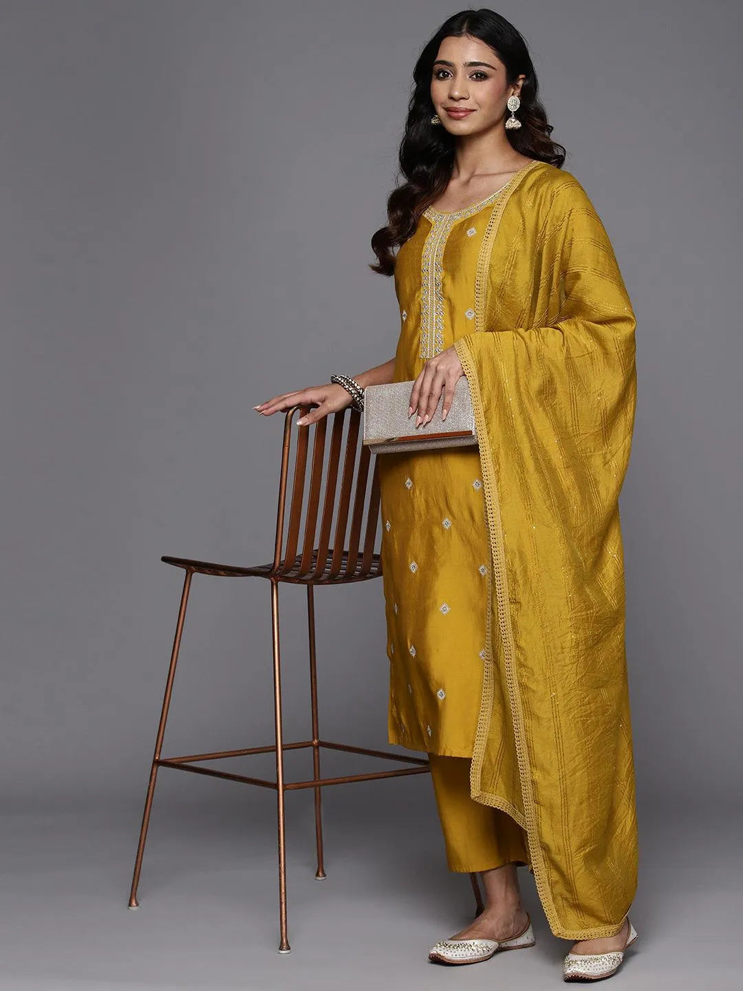 Anouk Mustard Embroidered Silk Blend Straight Suit With Dupatta