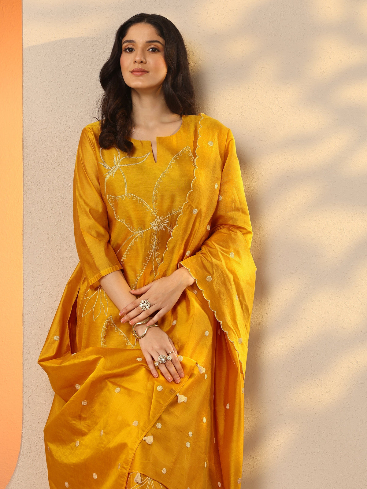 Anouk Mustard Embroidered Silk Blend Straight Suit Set With Dupatta