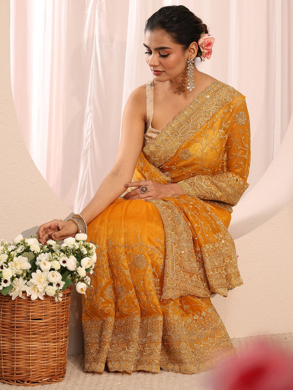 Anouk Mustard Floral Embellished Net Saree With Unstitched Blouse Piece