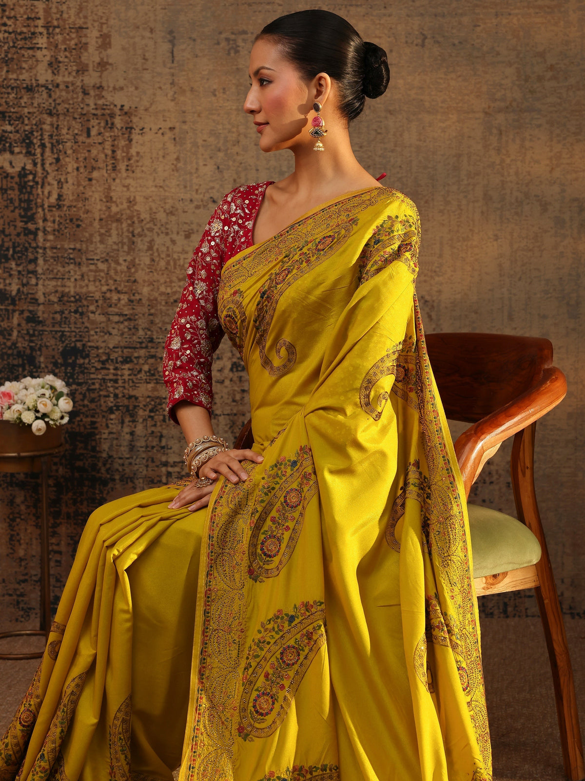 Anouk Mustard Floral Embroidered Satin Saree With Unstitched Blouse Piece