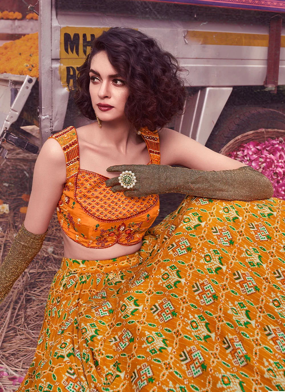 Mustard Floral Print Lehenga Choli for Womens For Indian Festival & Weddings - Print Work, Thread Embroidery Work