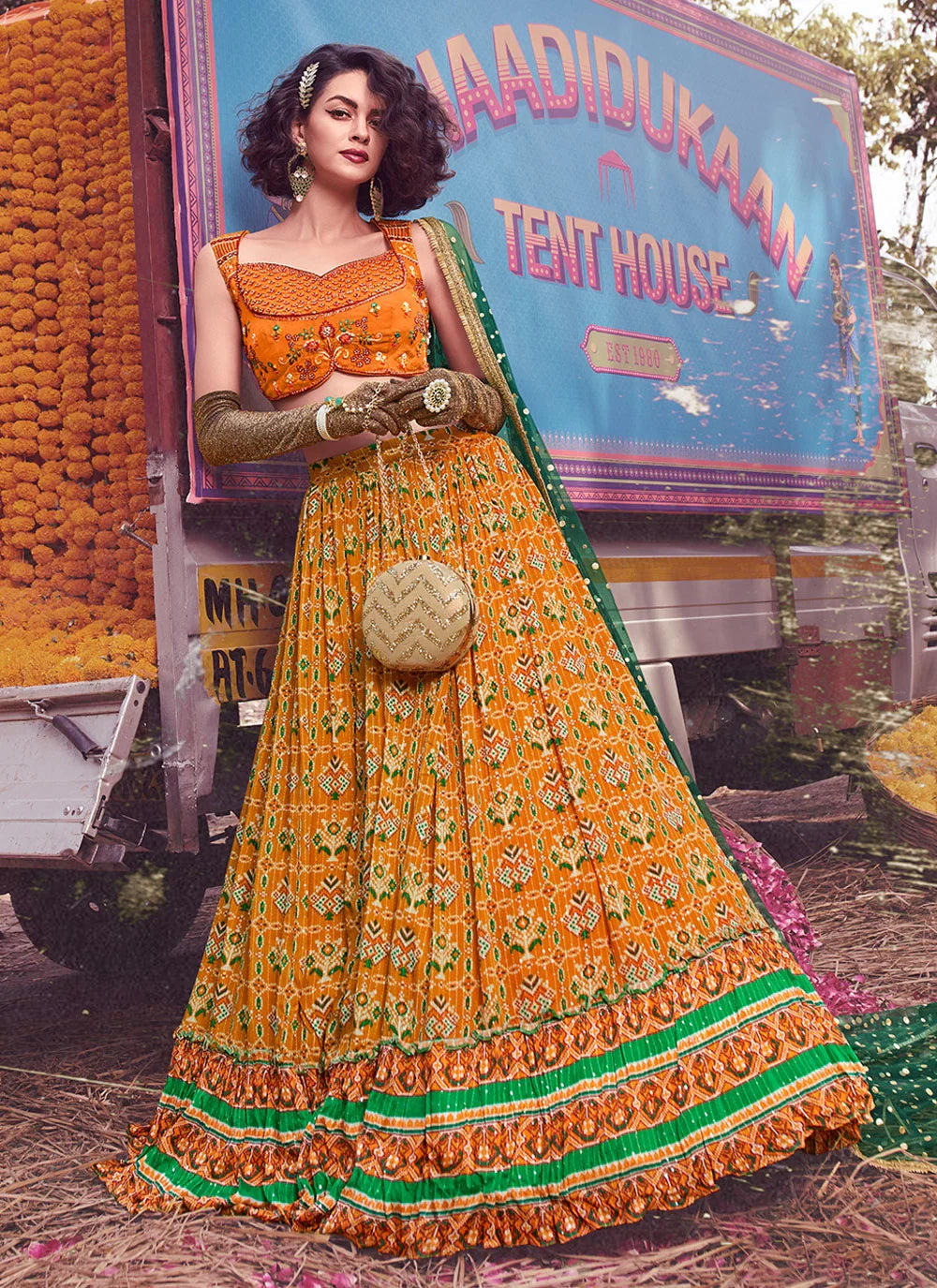 Mustard Floral Print Lehenga Choli for Womens For Indian Festival & Weddings - Print Work, Thread Embroidery Work