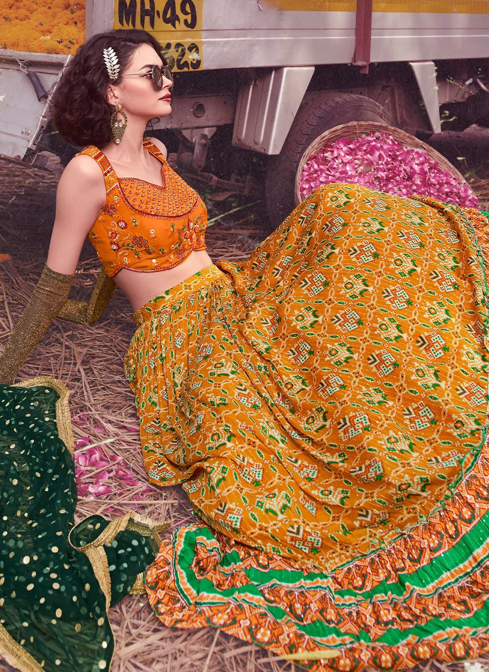 Mustard Floral Print Lehenga Choli for Womens For Indian Festival & Weddings - Print Work, Thread Embroidery Work