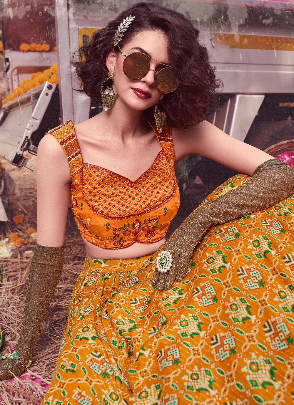Mustard Floral Print Lehenga Choli for Womens For Indian Festival & Weddings - Print Work, Thread Embroidery Work