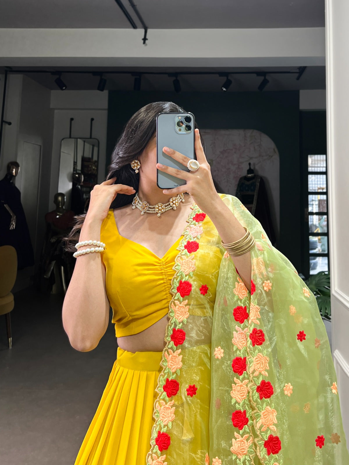 Mustard Georgette Wedding Lehenga Choli with Embroidered Organza Dupatta | 9-Meter Flair | Stitched Blouse | Wedding Collection 2025