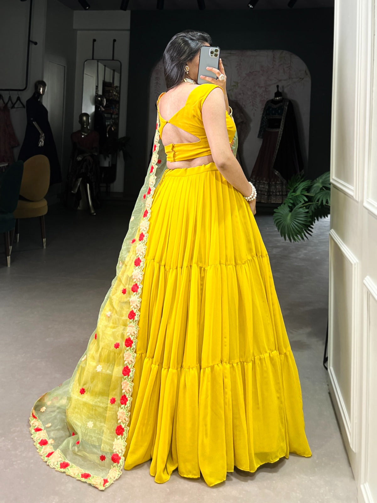 Mustard Georgette Wedding Lehenga Choli with Embroidered Organza Dupatta | 9-Meter Flair | Stitched Blouse | Wedding Collection 2025