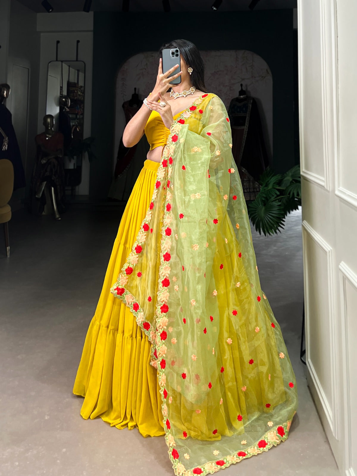 Mustard Georgette Wedding Lehenga Choli with Embroidered Organza Dupatta | 9-Meter Flair | Stitched Blouse | Wedding Collection 2025