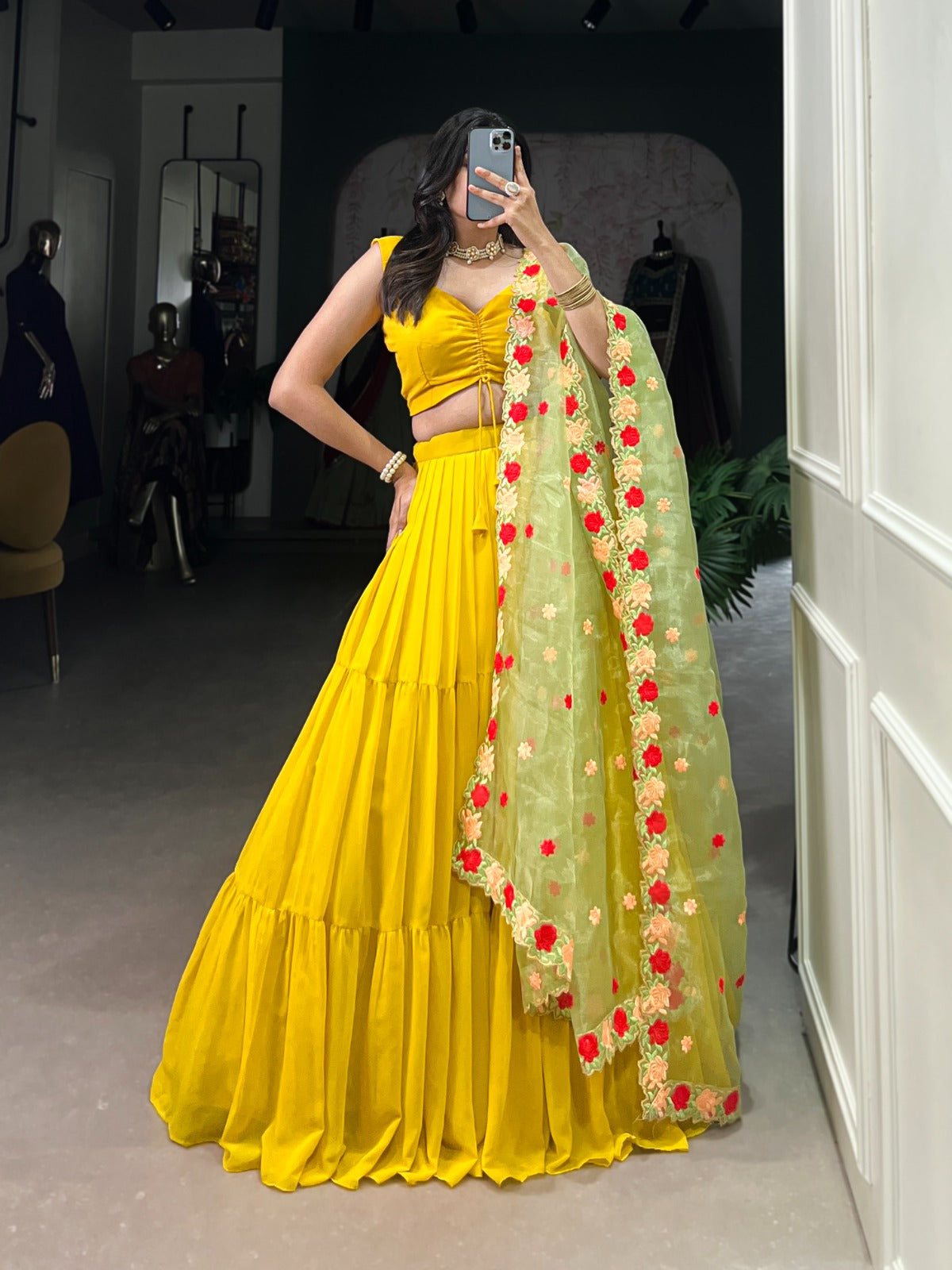 Mustard Georgette Wedding Lehenga Choli with Embroidered Organza Dupatta | 9-Meter Flair | Stitched Blouse | Wedding Collection 2025