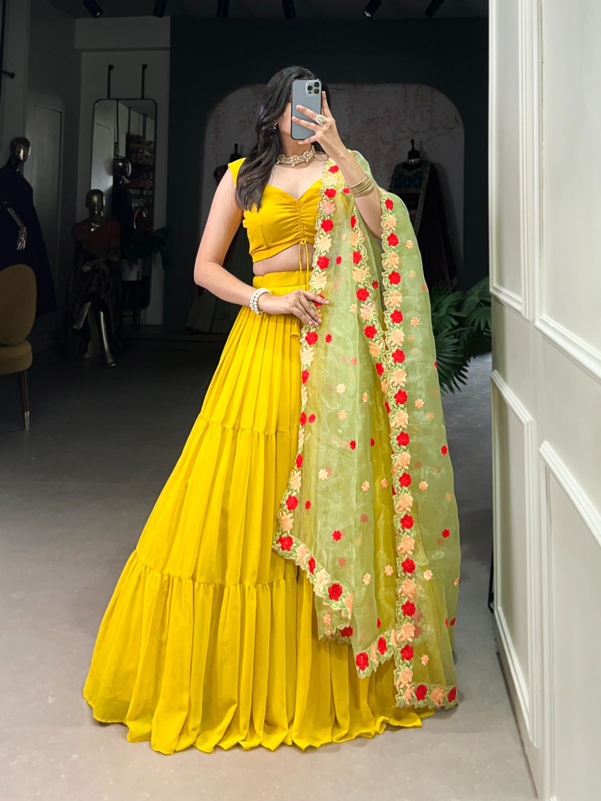 Mustard Georgette Wedding Lehenga Choli with Embroidered Organza Dupatta | 9-Meter Flair | Stitched Blouse | Wedding Collection 2025