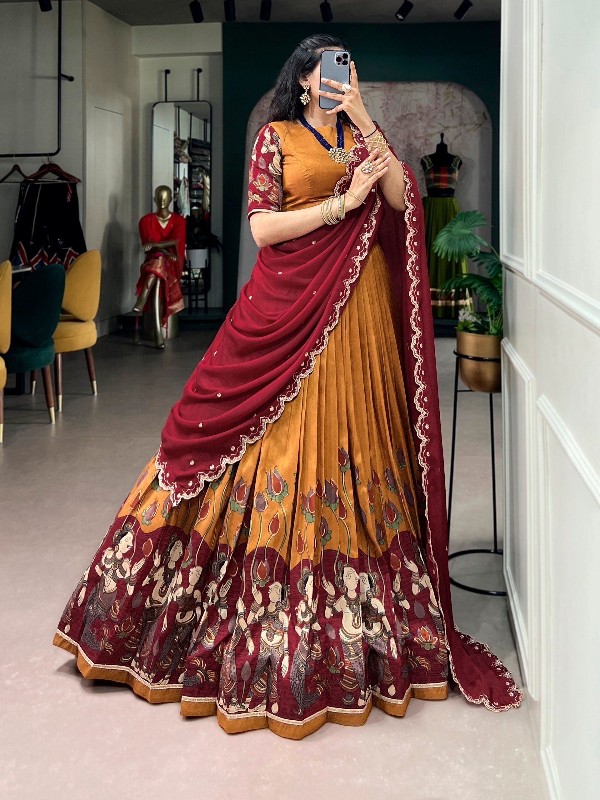 Mustard Kalamkari Print Lehenga Set