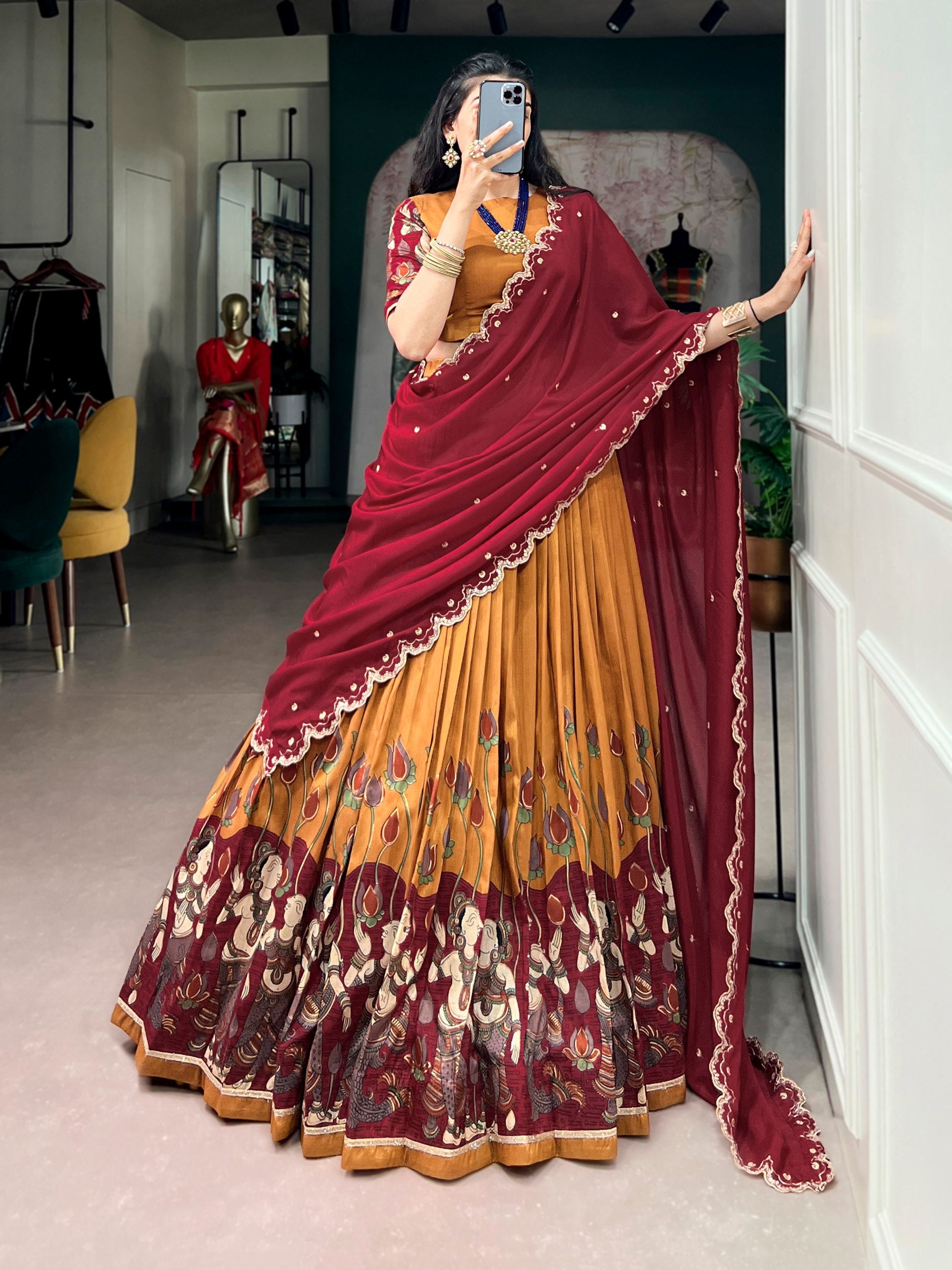 Mustard Kalamkari Print Lehenga Set