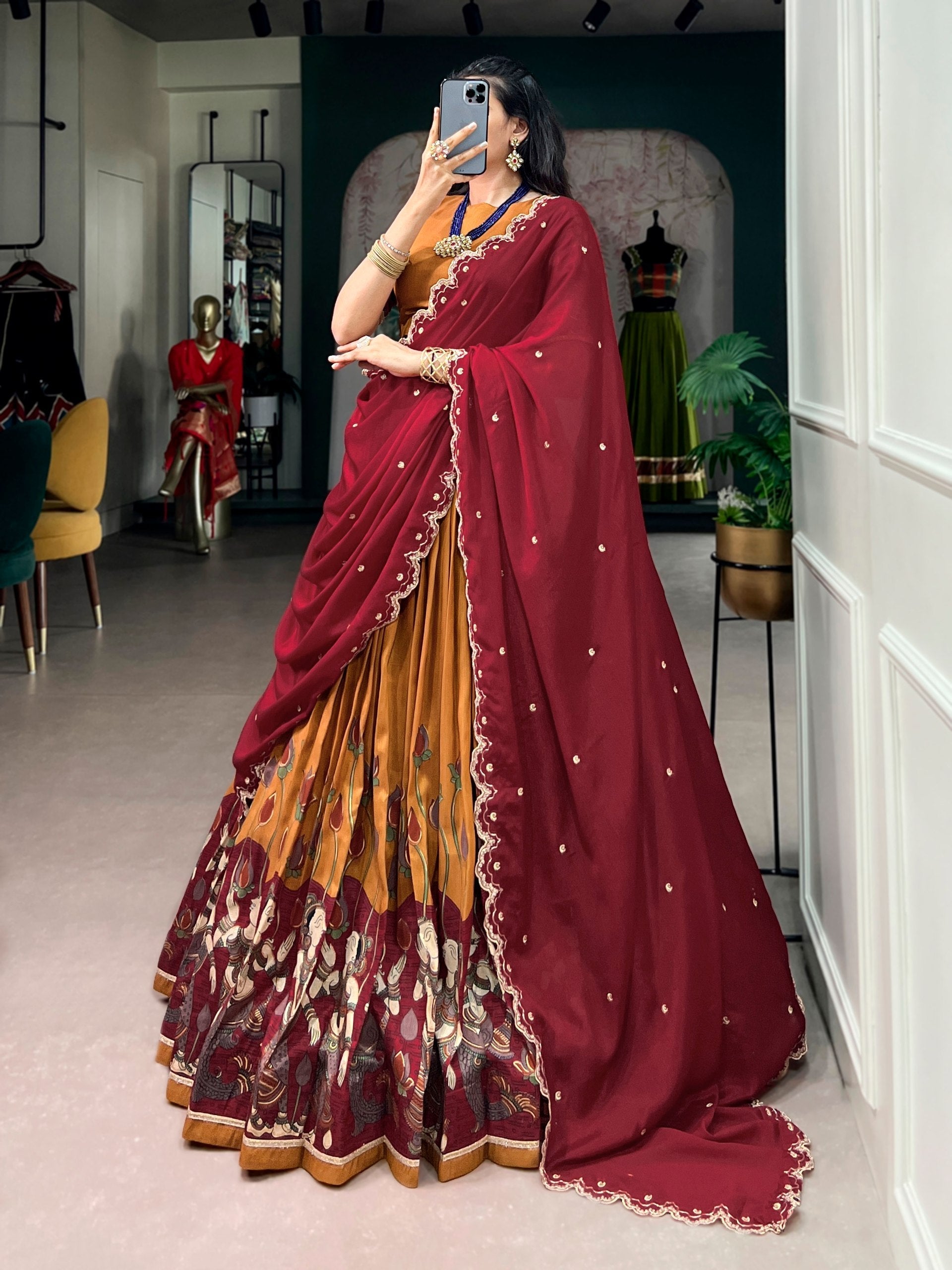 Mustard Kalamkari Print Lehenga Set