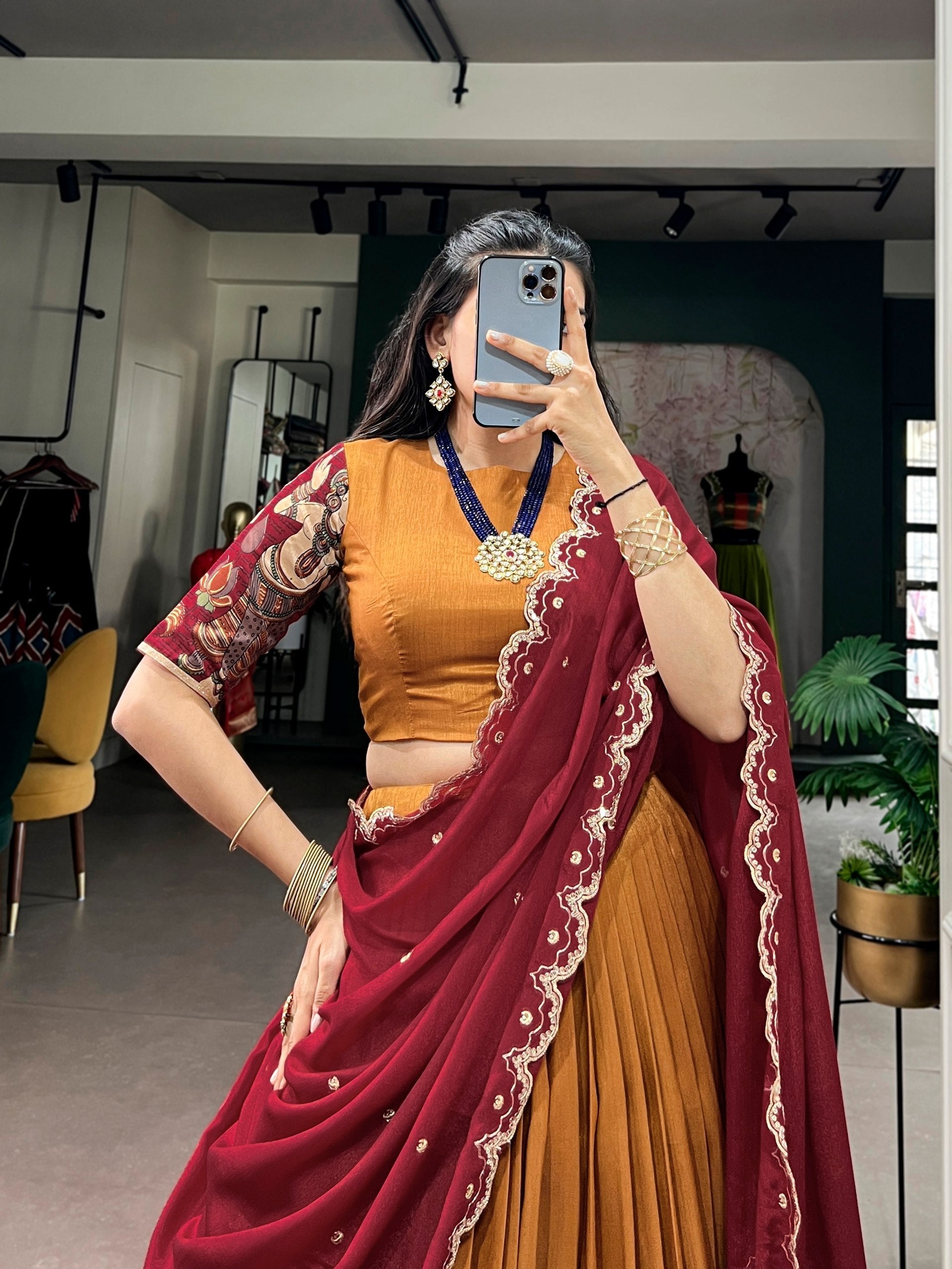 Mustard Kalamkari Print Lehenga Set
