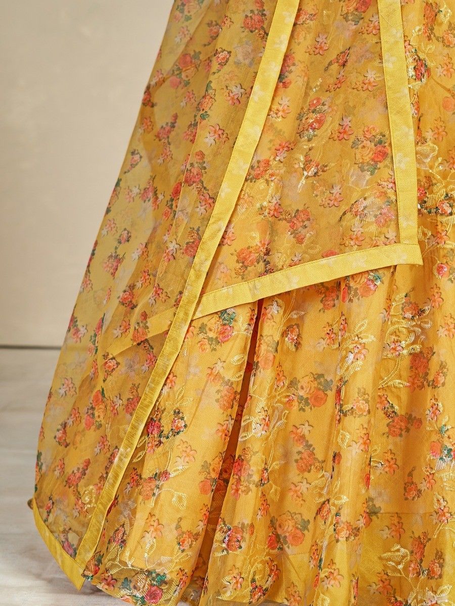 Mustard Organza Floral Lehenga Choli for Womens For Indian Festival & Weddings - Print Work, Mirror Work, Thread Embroidery Work