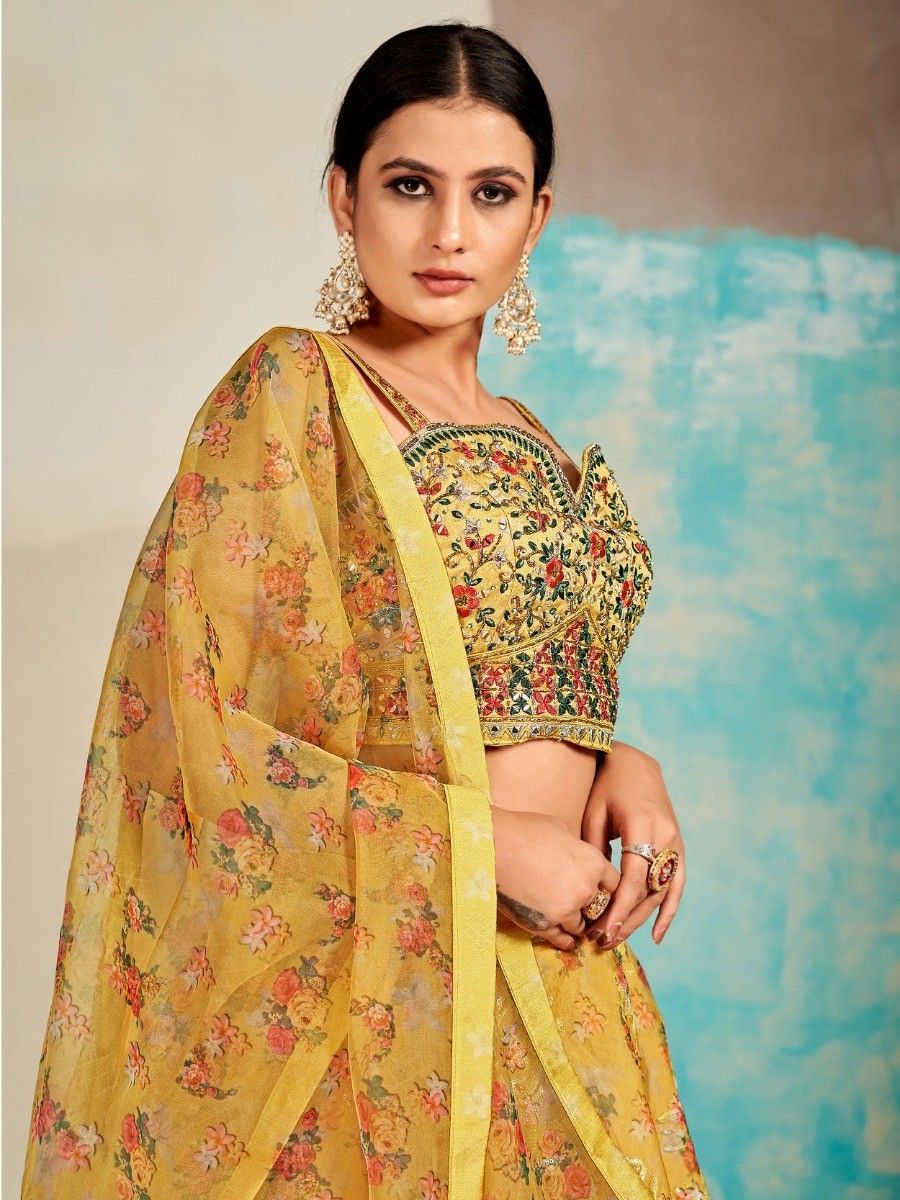 Mustard Organza Floral Lehenga Choli for Womens For Indian Festival & Weddings - Print Work, Mirror Work, Thread Embroidery Work