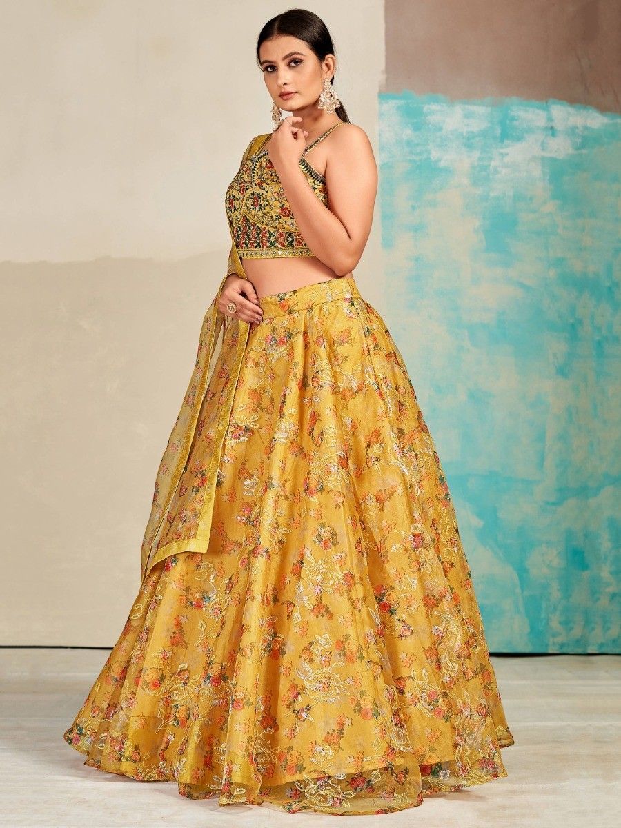 Mustard Organza Floral Lehenga Choli for Womens For Indian Festival & Weddings - Print Work, Mirror Work, Thread Embroidery Work