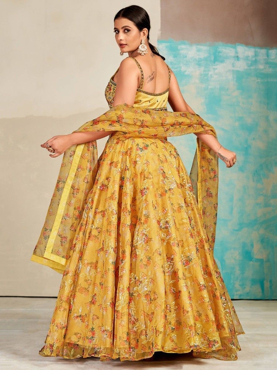 Mustard Organza Floral Lehenga Choli for Womens For Indian Festival & Weddings - Print Work, Mirror Work, Thread Embroidery Work
