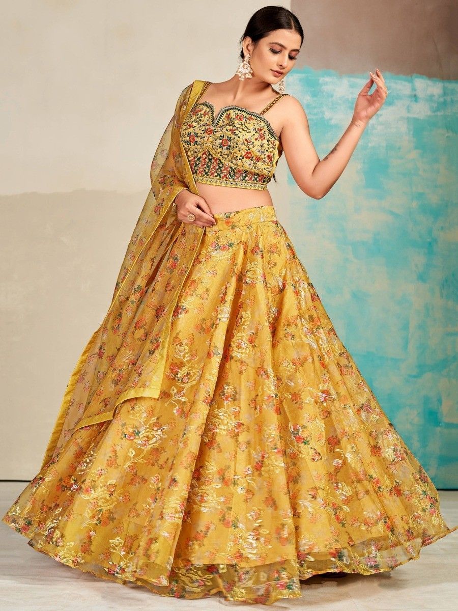 Mustard Organza Floral Lehenga Choli for Womens For Indian Festival & Weddings - Print Work, Mirror Work, Thread Embroidery Work