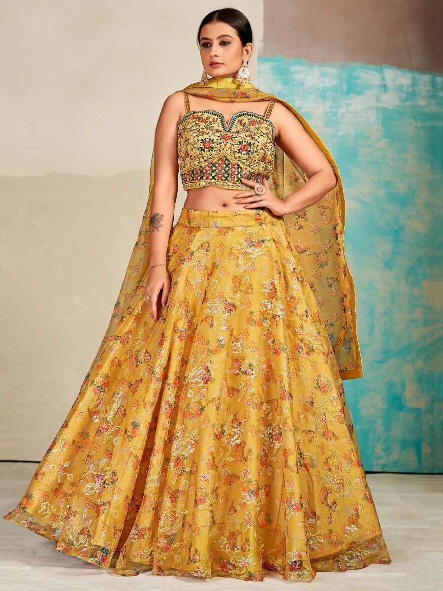 Mustard Organza Floral Lehenga Choli for Womens For Indian Festival & Weddings - Print Work, Mirror Work, Thread Embroidery Work