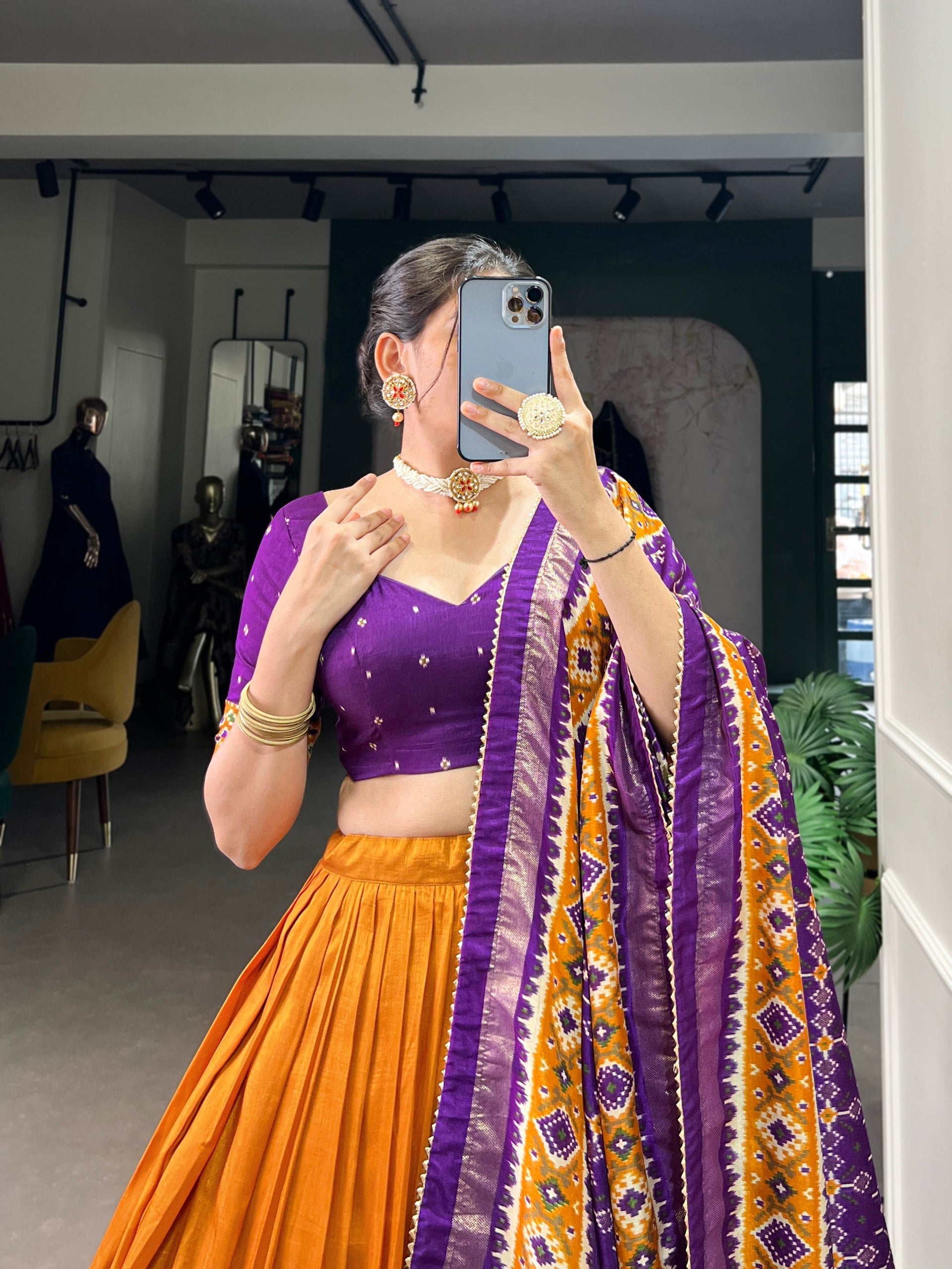 Mustard Patola Print Tussar Silk Lehenga Set with Gotta Patti Dupatta
