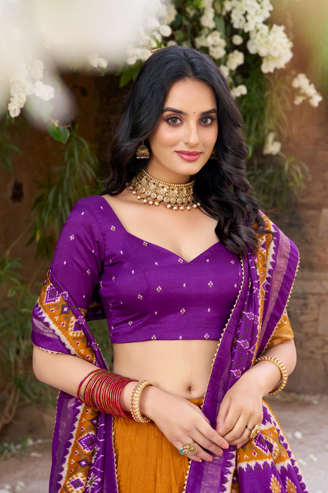 Mustard Patola Print Tussar Silk Lehenga Set with Gotta Patti Dupatta