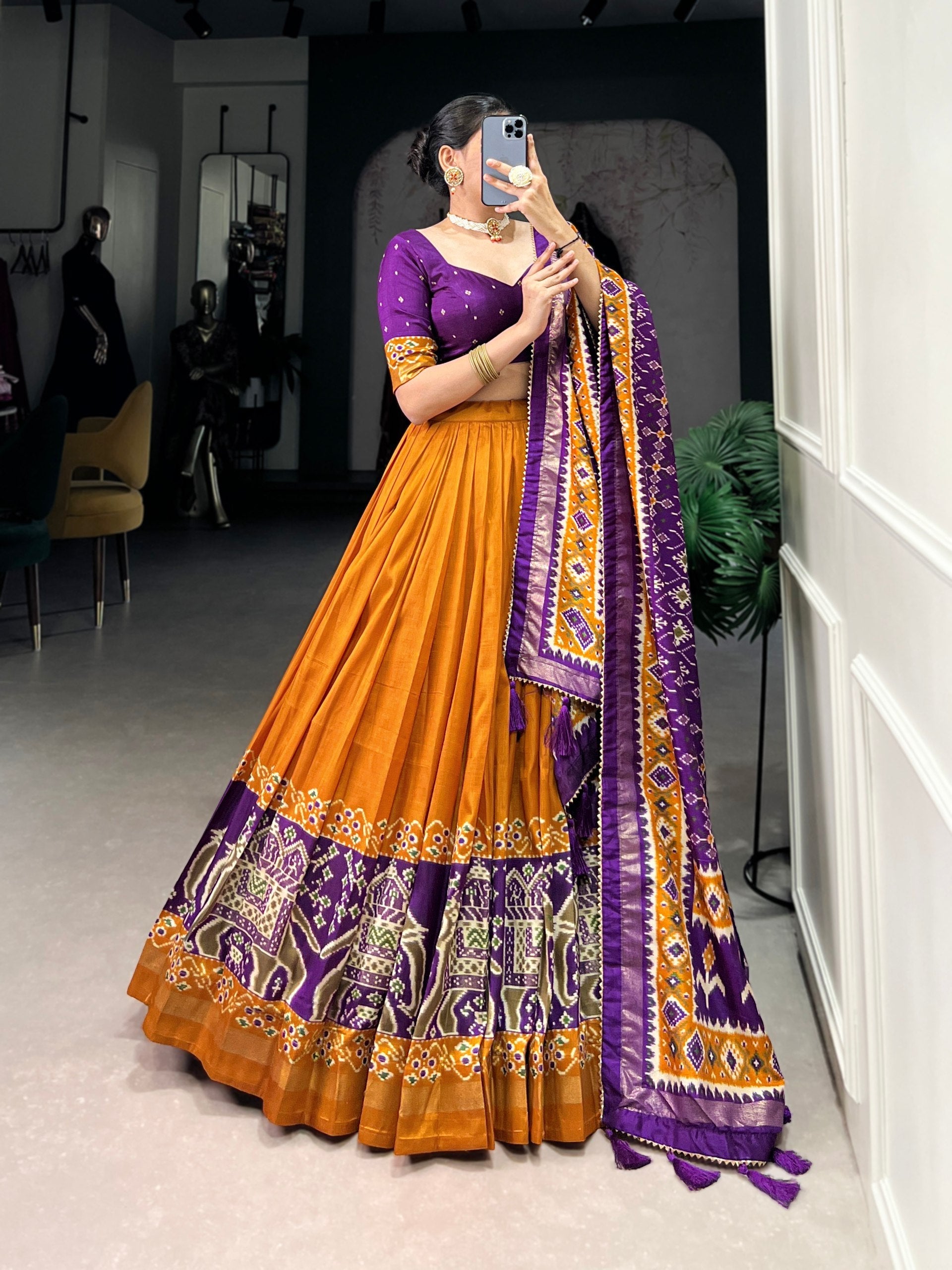 Mustard Patola Print Tussar Silk Lehenga Set with Gotta Patti Dupatta