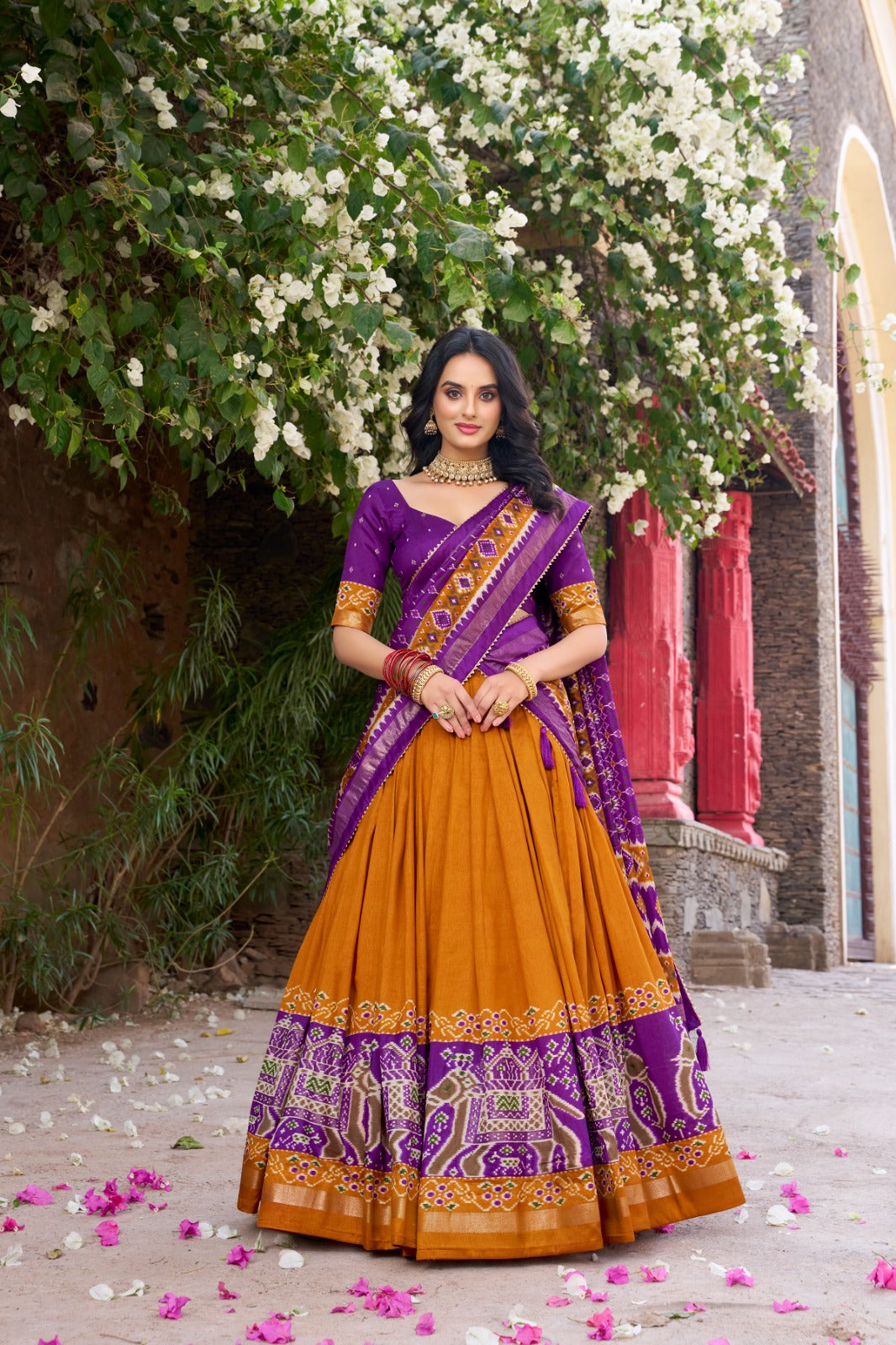 Mustard Patola Print Tussar Silk Lehenga Set with Gotta Patti Dupatta