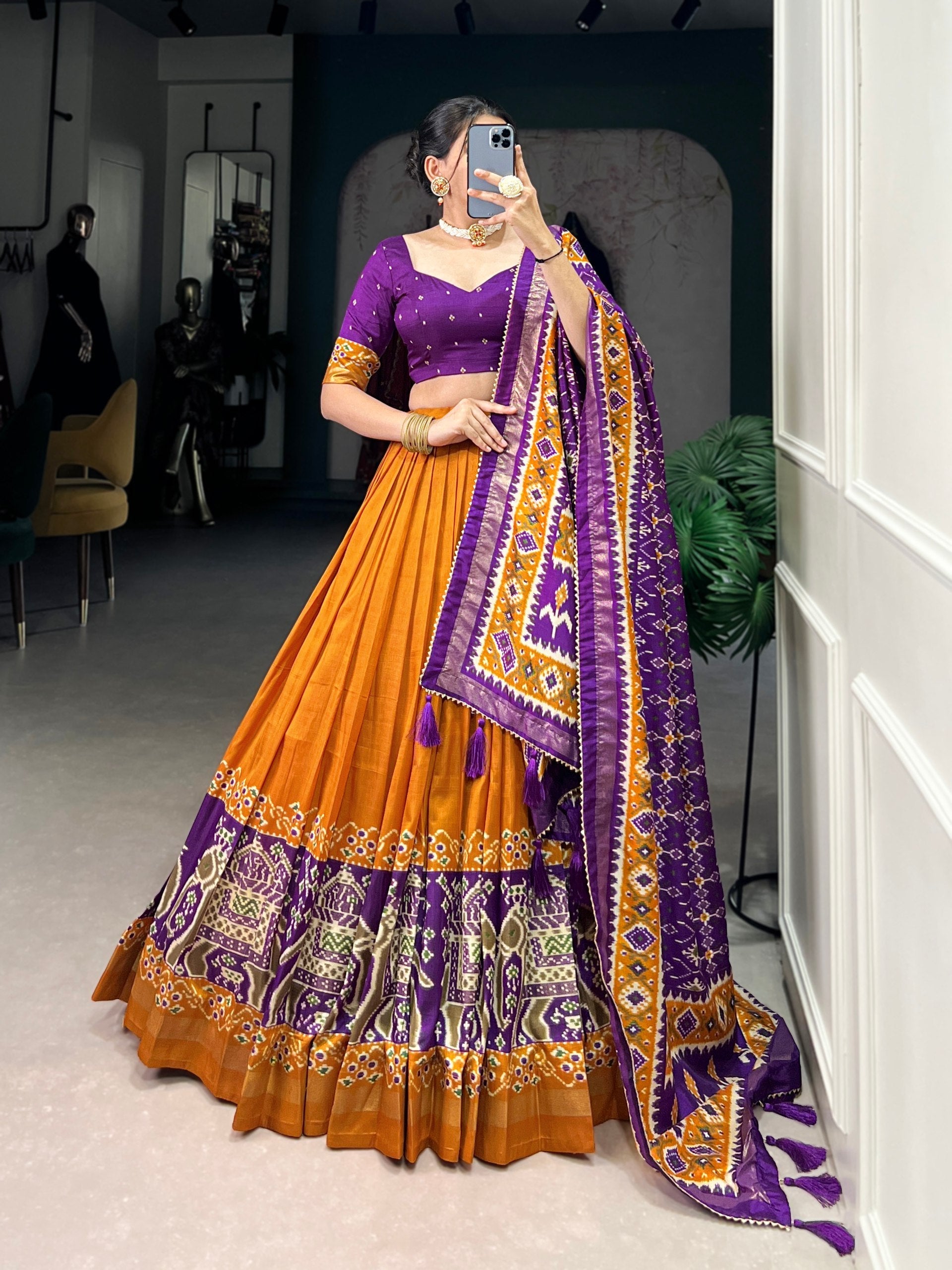 Mustard Patola Print Tussar Silk Lehenga Set with Gotta Patti Dupatta