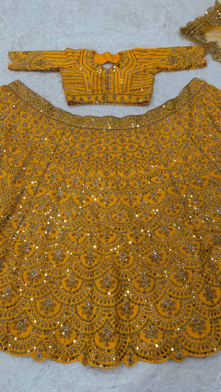 Mustard Premium Heavy Thai Silk Lehenga Set with Sequins & Dori Work