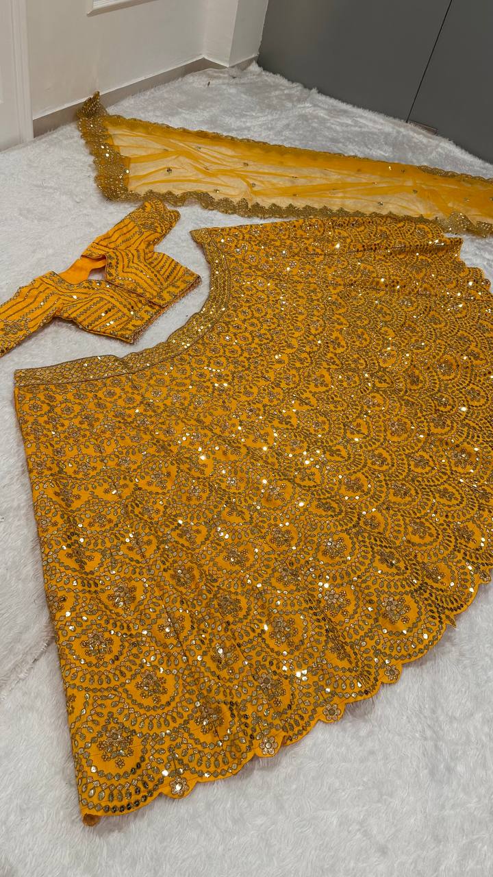 Mustard Premium Heavy Thai Silk Lehenga Set with Sequins & Dori Work