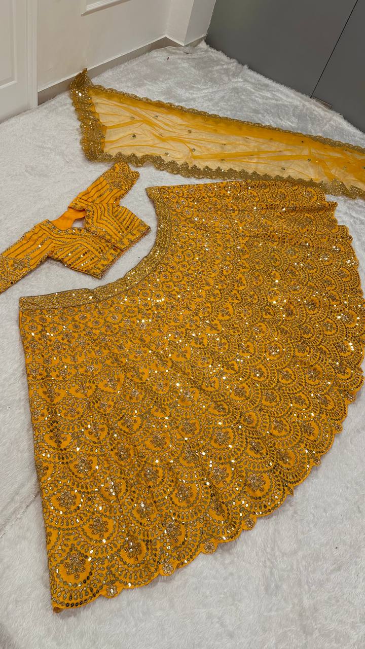 Mustard Premium Heavy Thai Silk Lehenga Set with Sequins & Dori Work