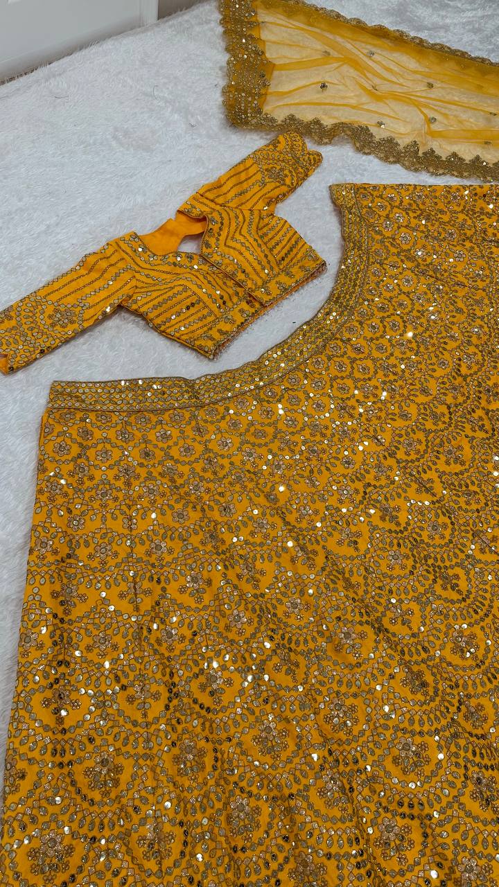 Mustard Premium Heavy Thai Silk Lehenga Set with Sequins & Dori Work