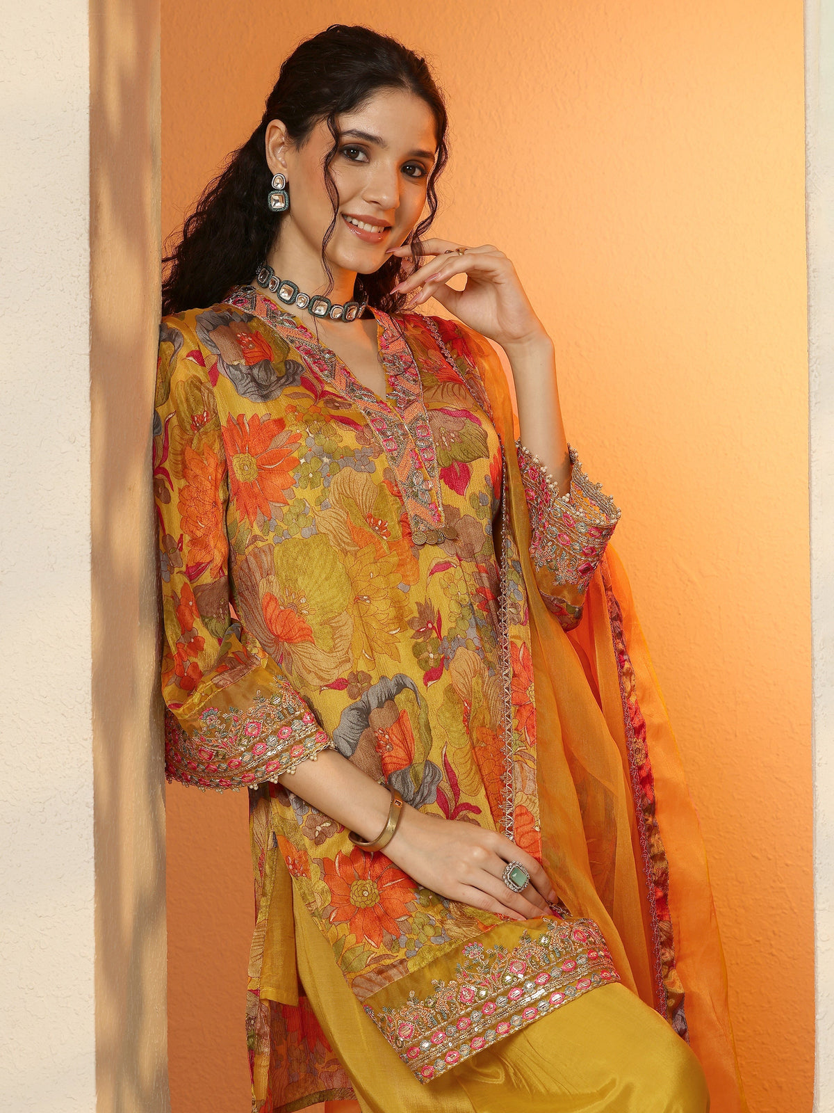 Anouk Mustard Printed Chinon Straight Suit Set With Dupatta